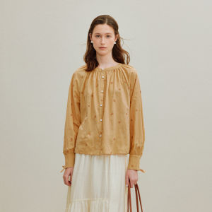 INMAN | เสื้อเชิ้ตแขนบล็อกผ้าฝ้าย 100% ปักลายสไตล์ย้อนยุค ฤดูใบไม้ร่วง 2025 เสื้อเชิ้ตผู้หญิงลำลอง แขนกุด คอกลม กระดุม