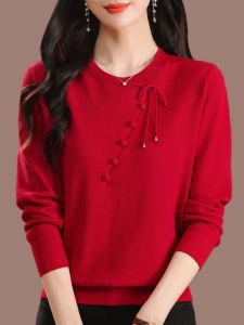 Loose Long Sleeve T-Shirt Womens Mom Style Chinese National Wind Mulberry Silk Knitted Base Shirt Red Top Butterfly Knot