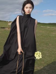 Black High Collar Sleeveless Slimming Dress Womens Summer New Loose Sensation Long Dress Uneven Hem A-Line Silhouette