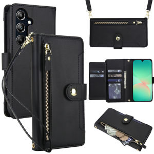 Card Slot Case For Samsung With diagonal strap lanyard Flip Leather Cover With Card Holder Mobile Phone Shell Casing Coin Purse Case For Samsung Galaxy A12 A56 A52 A52S A36 A13 A53 A14 A24 A54 A15 A25 A35 A55 A16 A26 Casing With Wallet Bag