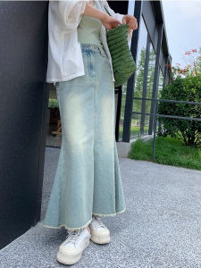 กระโปรงยีนส์ทรงหางปลาเอวสูงสไตล์เกาหลีสำหรับผู้หญิง กระโปรงทรงเอยาวคลุมสะโพก ฤดูใบไม้ร่วง 2025 สไตล์วินเทจ