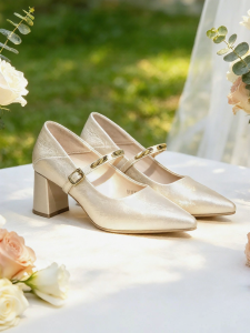 Josiny | New Summer Mary Jane Champagne Chunky Heel Pointed Toe High Heels