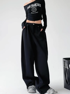 Crush Fashion Women Wide Leg Sweatpants High Waist Elastic Waistband Drawstring Hem Baggy Loose Floor Length Casual Track Pants Joggers Y2K Streetwear
