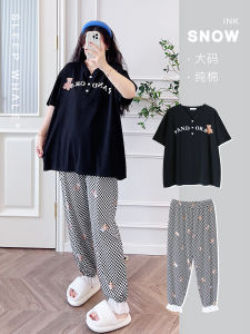 Summer New V-Neck Short Sleeve Thin Pure Cotton T-Shirt Pants Home Clothes Set plus Size Womens Sleepwear Sweet Style Printed