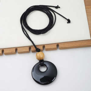 Natural Black Agate Long Pendant Necklace Adjustable Chinese Style Design Simple Fashion Jewelry Geometric Pattern Womens Sweater Chain