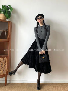 Áo Len Cardigan Dệt Kim Cổ Polo Màu Đen Cho Nữ Váy Midi Xếp Ly Nhung Cỡ Lớn Bộ Trang Phục Công Sở Mùa Thu Quần Áo Làm Việc