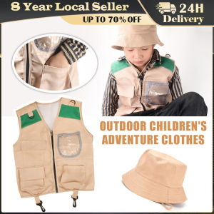 Outdoor Adventure Kit For Kids Cargo Vest Hat Set Comfortable And Durable Explorer Costume Role Play Toy Khaki Playing Clothes