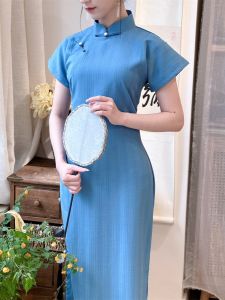 Blue Young Style Full Opening Collar Cheongsam Traditional Chinese Costume Short Sleeve Daily Wear Retro Style Long Qipao for Women