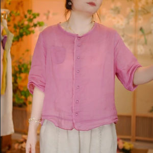 Shalldoer | Casual Loose Womens Shirt Pure Color Breathable Five-Quarter Sleeve Summer Lazy Feeling Top Comfortable Round Neck Button Detail