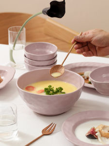 ชามทานซุปดินเผาแบบญี่ปุ่นขนาดใหญ่ ชามเส้นอี๋ ชามใส่ซุป ชามเส้นเดี่ยว อุปกรณ์ทานอาหารแบบไม่สมมาตร สีพื้น