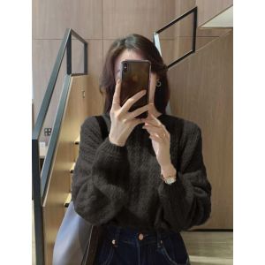 French Vintage Soft Pink Bubble Sleeve Knitted Sweater Womens Autumn Winter Lazy Style Inner Wear Comfortable Long Sleeve round Neck Top