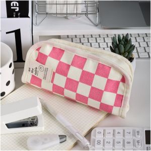 Simple Black and White Plaid Canvas Pencil Case School Pencil Case Kawaii Stationery Storage Bag Aesthetic Stationery