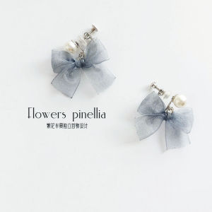 Original Design Gray Blue Lace Tulle Small Bowknot 925 Silver Pearl Earrings Ear Clip All-Match and Sweet Young Adult
