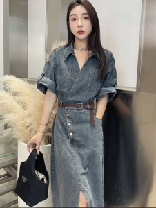 European Station Waist Slit Elegant Slim Looking Denim Dress Long Dress Womens Summer Classy Stylish Niche Style Retro