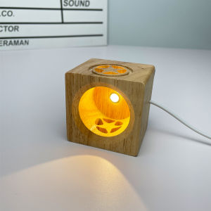 Solid Wood Glowing Base USB Powered Warm White LED Night Lamp Crystal Ball Table Lamp Hollow Pentagram Base Tray