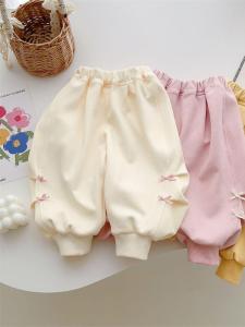 กางเกงขายาวทรงหลวมสไตล์หวานสำหรับเด็กผู้หญิง ฤดูร้อนปี 2025 ผ้าขนกระต่าย รุ่น Sweet Butterfly Knot Casual Pants สำหรับเด็กผู้หญิง