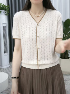 Womens Summer V-Neck Knit Top Short Sleeve Pure Color Wavy Button-up Work Clothing Thin Ice Silk Base T-Shirt