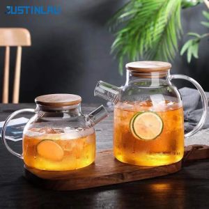 JUSTINLAU 1/1.8L Transparent Glass Teapot with Bamboo Lid Heat-Resistant Glass Pitcher Thickened Glass Flower Tea pot Puer Kettl