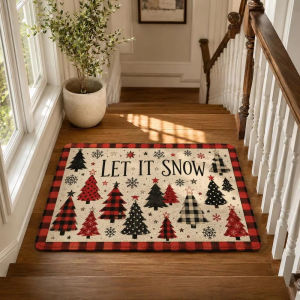 Merry Christmas Doormat Black and White Checkered Tree Print Non-Slip Entryway Rug Festive Holiday Home Decor Soft Floor Mat