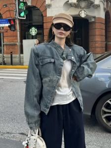 Asymmetrical Diagonal Button Stand Collar Denim Outwear Womens Spring and Autumn Retro Distressed Oblique Placket Parka Jacket Tops Tide