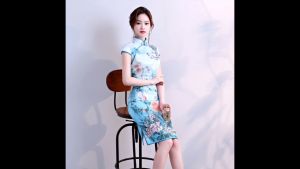 Hangzhou Faux Silk Peony Blue Mini Qipao 2410-70 杭州人字紋絲綢牡丹藍色短旗袍
