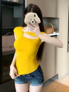 GUZILIAN | Summer New Style Womens Slim Fit Top Irregular Knot Hollow Design Flying Sleeve T-Shirt Korean Style Commute Fashion Pear Body Type