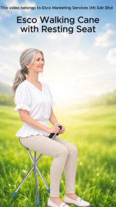 Esco Folding Seat Cane 3‑Leg Type – Lightweight Walking Stick with Portable Folding Seat for Elderly