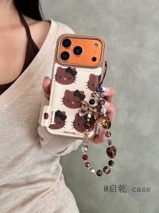 Kitty Cat Wristband iPhone17/16 Case Compatible with Apple 15/14promax Soft Shell Chain Hanging Cord Cute Black Leather Design