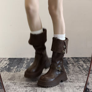 Giày Bốt Martin Cổ Cao Màu Nâu Western Knight Boot Tăng Chiều Cao Đế Dày Cho Nữ Giày Bốt Thời Trang Mùa Xuân Thu