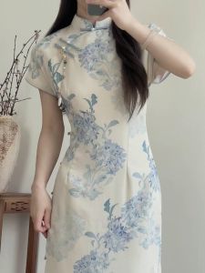 Elegant Young Girls' Reformed Cheongsam Dress: Summer 2025 Daily Wear Retro Style High Quality Polyester Fiber Long Qipao Dress