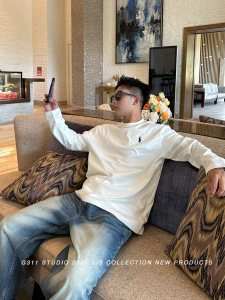 Áo Thun Dài Tay Thêu Cotton Rộng Rãi Màu Trắng Thời Trang Thường Ngày Mùa Xuân Thu Mới Về Cho Nam