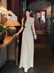 Newlan QZ173 Maxi Long Dress Party Korean Style Bodycon Tanktop Womens Plain Spaghetti Strap Sleeveless Dresses Long Knit dress Basic Dress Panjang Wanita Ribbed Tanpa Lengan Kotak Neck Korean rok dress wanita Strap Backless for Women Casual Summer Dress