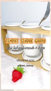 BOSSLU Tempat Penyimpanan Sendok Garpu 3in1 Bahan Keramik Bertirisan Dengan Stand Kayu