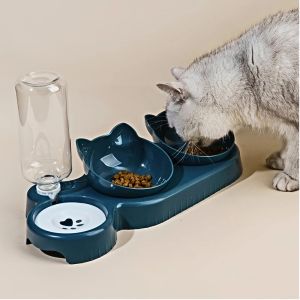 Pet Bowls With Water Feeder 3 In 1 Ear Design Tilted Cat Water And Food Bowl Set With Gravity Water Bottle For Neck Protection