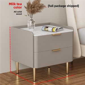 Internet Celebrity Solid Wood Accessible Luxury Bedside Table Minimalist Modern For Home Bedroom Stone Plate Leather Cream Style Storage Bed Side Cabinet