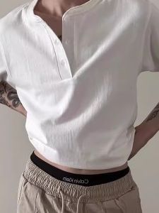 American Style Heavyweight Pure Cotton Short Sleeve T-Shirt Summer New Button Overhead Shoulder Henry Collar Solid Color Top