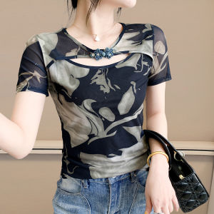 YIMEI เสื้อเสื้อยืดแบบมีเข็มขัดรัดสไตล์จีนย้อนยุคใหม่2025ทันสมัยฤดูร้อนอเนกประสงค์ผ่าหน้าขนาดใหญ่พิเศษสำหรับเสื้อเชิ้ตตัวเล็กย้อมกระชับสัดส่วนและมัดย้อม