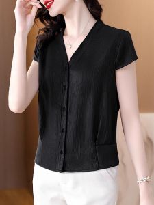 DAIXIANGFEIZI | Áo Sơ Mi Satin V-Neck Tay Ngắn