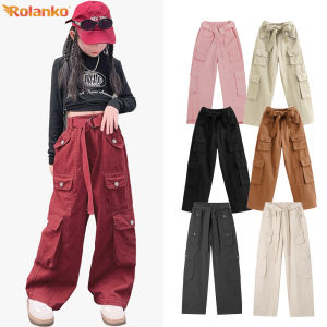 Rolanko สาวกางเกงคาโกทรงหลวม Y2K กางเกงคาร์โก้กางเกงยีนส์กางเกงขาม้ากับกระเป๋าหลากหลาย4-15ปี