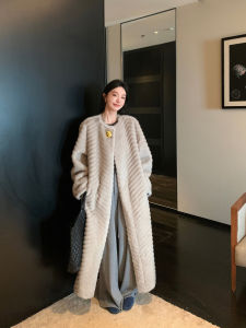 Eco-Friendly Faux Mink Fur Jacket Womens Winter Coat Large Pattern Collar Long Sleeve round Neck Mid-Length One Button