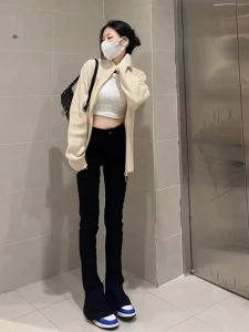 High Waist Flared Jeans Womens Stretchy Floor-Length Blue Denim Pants Slimming Effect Spring Summer High Waist Wide Leg Jeans