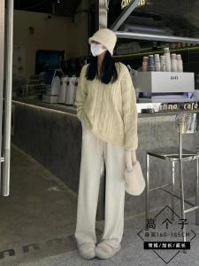 กางเกงขายาวทรงหลวมเอวสูงสไตล์เกาหลีสำหรับผู้หญิง ฤดูใบไม้ผลิและฤดูใบไม้ร่วง ผ้าถักสีขาว กางเกงขายาวทรงหลวมสำหรับผู้หญิง