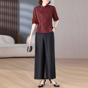 MAIMEI | Elegant Wide Leg Pants Set Womens Korean Style Summer Outfit Casual Chic Top Bottom Matching Set Fashionable Mommy Wear