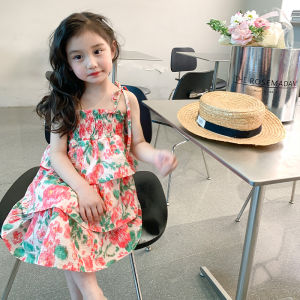 Korean Style Sweet Flower Girls Summer Dress Baby Girls Fashionable Floral Princess Skirt Trendy Strap Dress Childrens Clothing