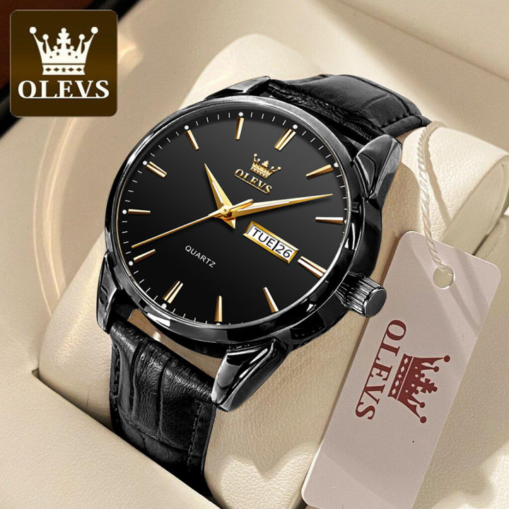 OLEVS Men Watch Waterproof Leather Luxury 24 Hour Date Quartz