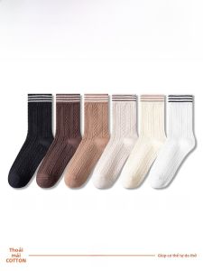JINGCHI | Tất ống giữa dày dặn bằng cotton lót lông cừu cho nữ mùa đông ấm áp màu trơn giản dị tất dài bằng sợi polyester và PU