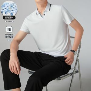 Three-Resistant Polo Shirt Mens Short-Sleeve V-Neck Collar Trendy American Style 2025 New High-End Feel Standard Fit Fashion Urban Polyester Cotton Blend Ice Oxygen Cotton Antibacterial