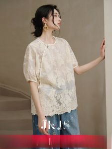 JK&JS | New Chinese Style Embroidered Silk Cotton Thread Shirt Thin Small Shirt With Button Design Round Neck Short Sleeve Womens Top