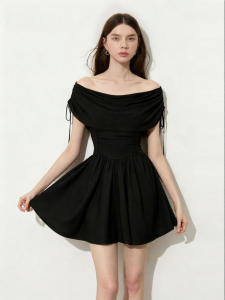 D-PLAY | Stylish Drape Neck Detachable Shawl Black Mini Dress