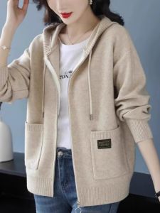 Womens Loose Knitted Hoodie Jacket Zipper Cardigan Spring Autumn Outerwear Trendy Long Sleeve Sweet Style Pure E-commerce